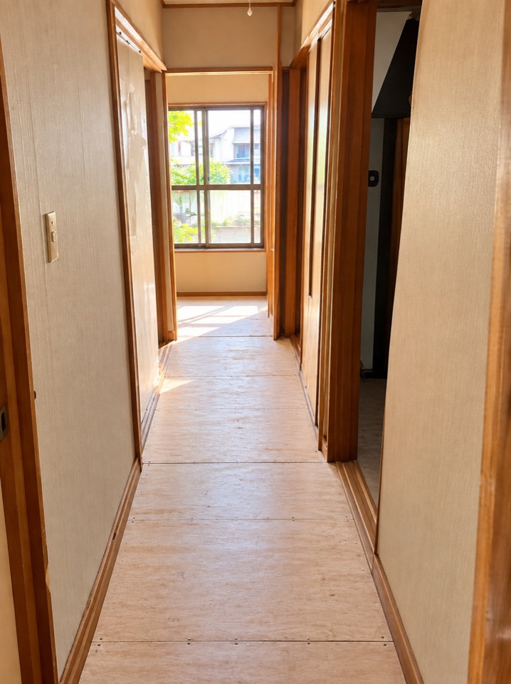 作業後の廊下。荷物が整理され、奥の窓まで見通せる状態